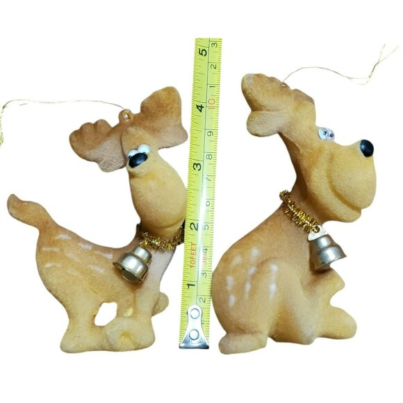 2 Vintage Flocked Moose Christmas Ornaments Reindeer Google Eyes Gold Bell 4.5" - Picture 14 of 16
